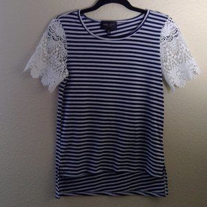 Navy Blue + White Striped Tshirt w/ lace shoulders